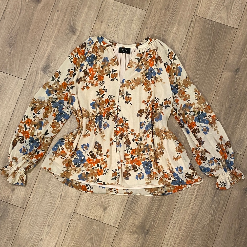 Vici Cream Floral Blouse with Blue and Orange Accents - Picture 3 of 9